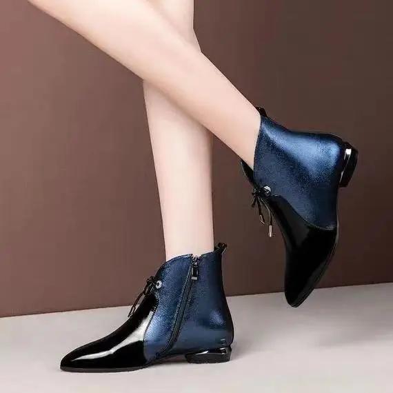 Winter Ankle Boots Women Winter Single Shoes Plus Velvet Low-heeled PU Leather Pointed Thick Fashion Woman Boots