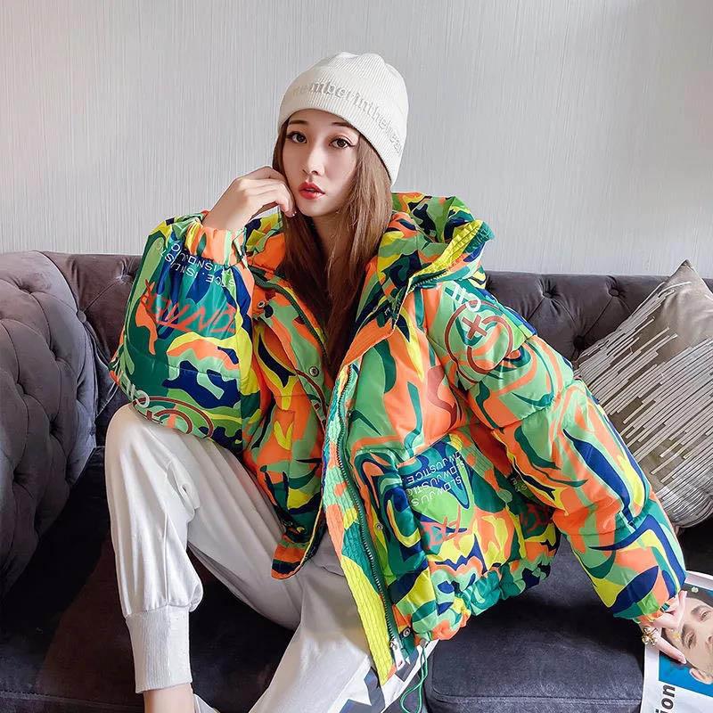 Winter Printed Cotton Jacket Women's Short Hooded Bread Jacket Thicken Fashionable All-match