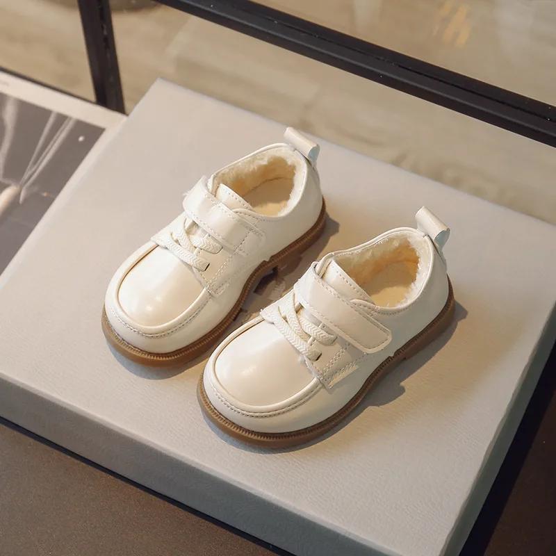 Children's Leather Shoes 2024 Spring and Autumn New British Style Boys School Shoes Soft Hook & Loop Girls Casual Loafers Simple