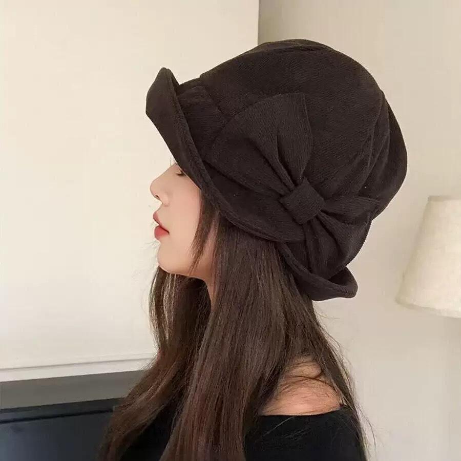 New elegant split bow bucket hat women's autumn and winter solid color warm versatile casual sunshade basin hat
