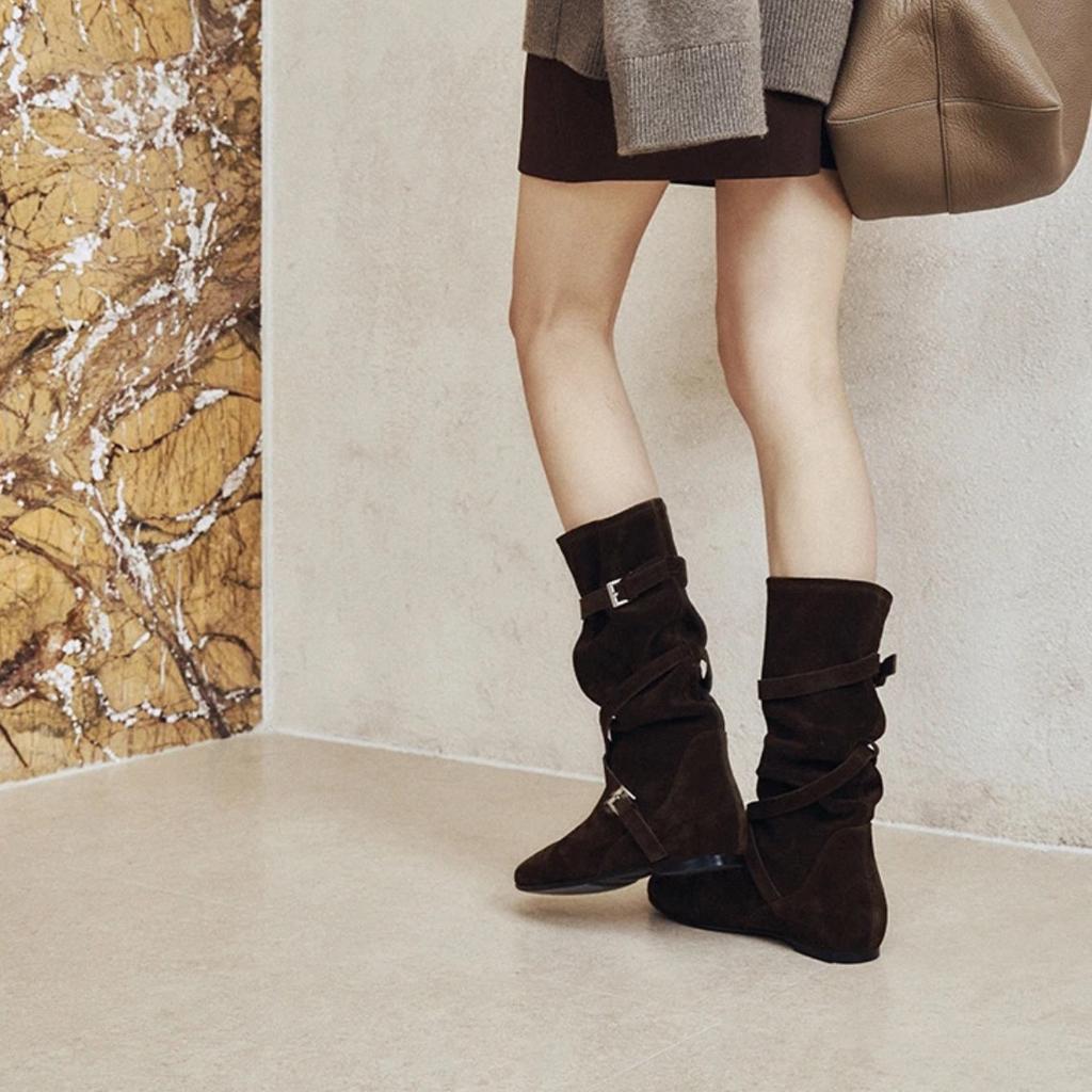 2025 новые ретро ковбойские сапоги в западном стиле женские мягкие плиссированные сапоги на наборном каблуке сапоги со скрытой платформой средней длины модные