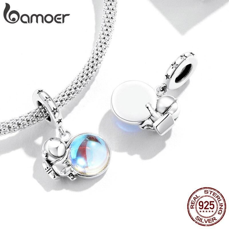 BAMOER Стерлинговое Серебро 925 пробы Луна и астронавт Подвеска для серебряного браслета или браслета «Путешествие в космос» на тему изящных ювелирных изделий в подарок