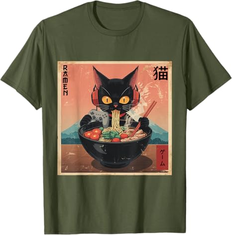 Cute Kawaii Gamer Cat Funny RaUnisex Retro Japanese Cat Gaming TShirt Y2k Kitty Controller Cartoon Graphic Tees Kitten Eat Noodles