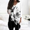 Womens Tops V-neck 3/4 Sleeve Blouses Casual Mid-length Shirts Fashion Print Tunic Tops With Pockets