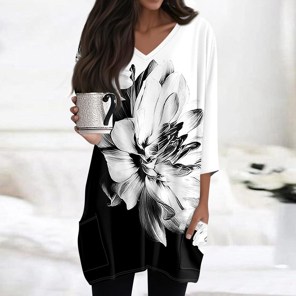 Womens Tops V-neck 3/4 Sleeve Blouses Casual Mid-length Shirts Fashion Print Tunic Tops With Pockets