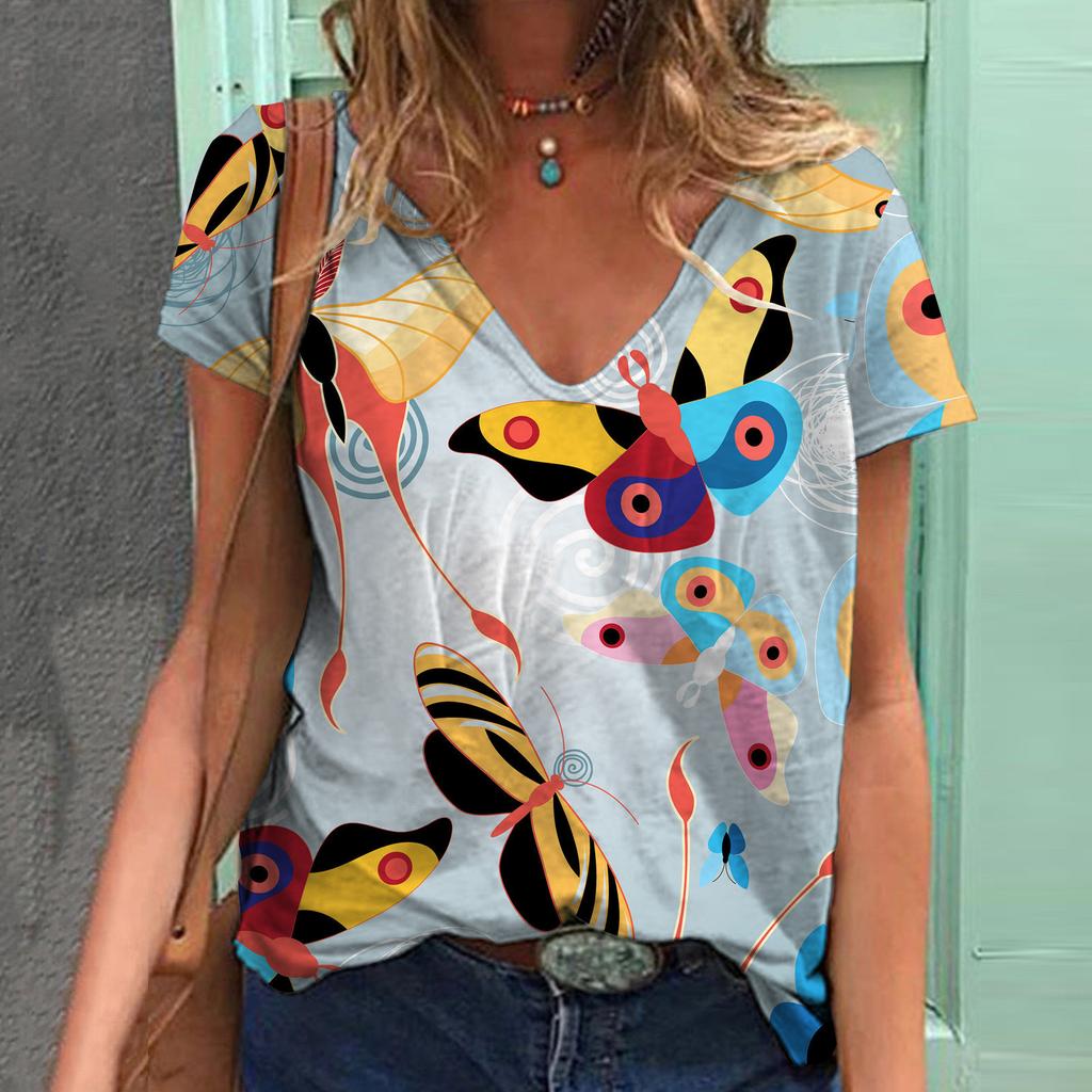 Летняя женская футболка с короткими рукавами и V-образным вырезом в стиле Harajuku с принтом бабочки из полиэстера с 3D-принтом и цифровым принтом