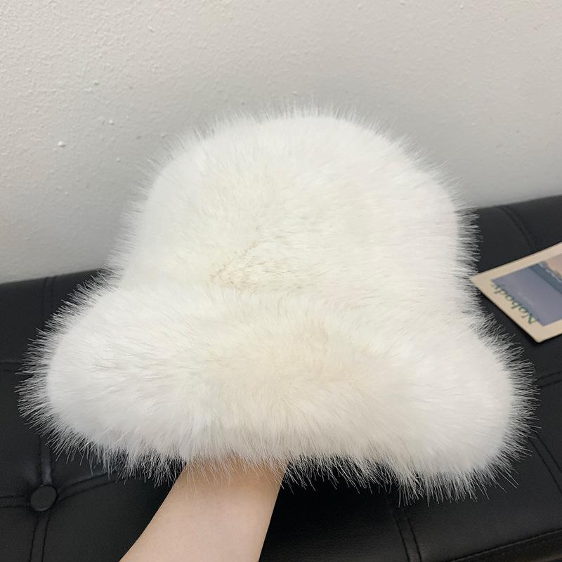 High Sense Imitation Fur Mink Fluffy Bucket Hat Female Lady Wind Big Head Circumference Plush Hat Winter Warm Pullover Hat