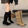 Fashion Boots Pointed Thin Heel Belt Buckle Pleated Heap Boots Women's 2025 Autumn New Temperament Thin High Heel Boots