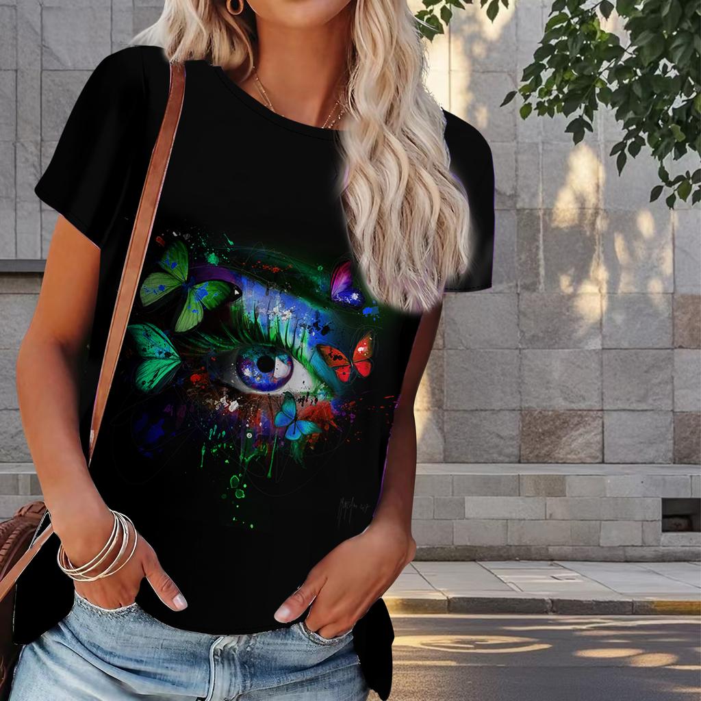 Women Summer T Shirt Eye Print Retro Fashion Short Sleeve Tees Casual   Printed  Tops