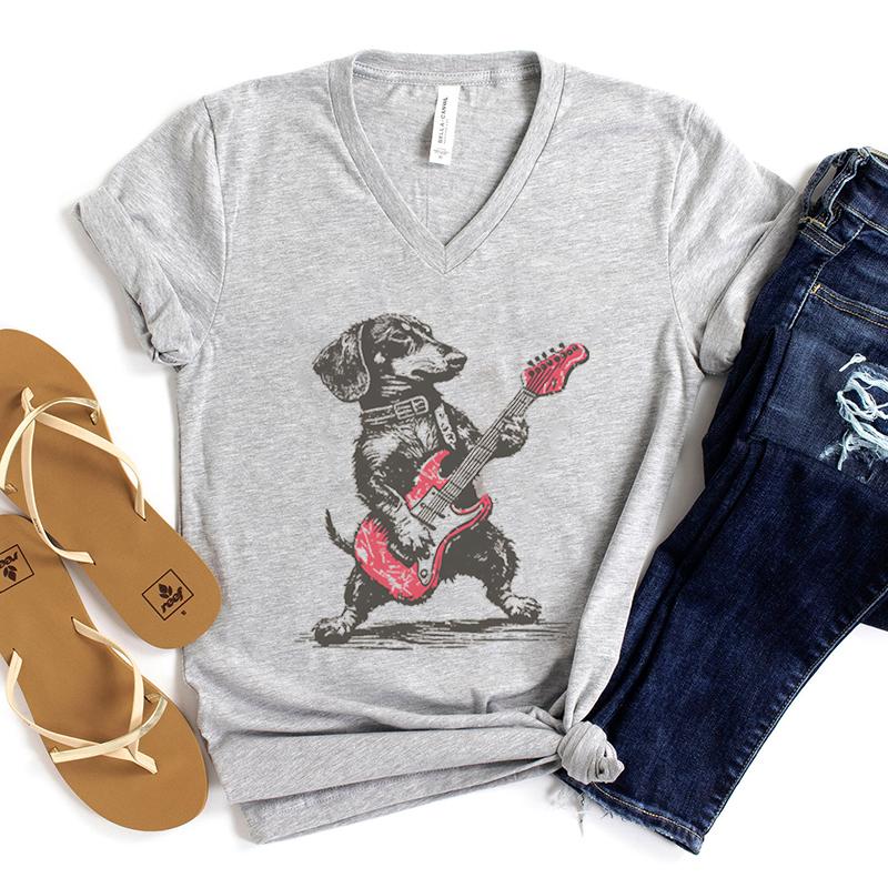 Vintage Dachshund Playing Guitar Tshirt Unisex Funny Wiener Dog Rocker Tee Top Dog Lover Gift Fashion Short Sleeve Vneck Tee
