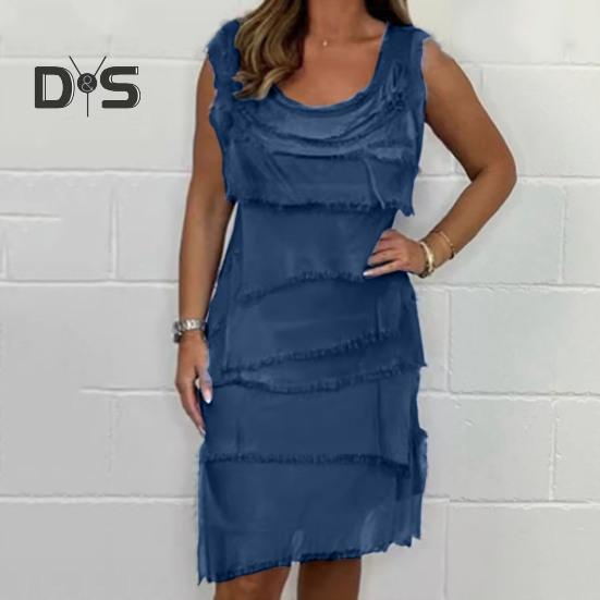 Леди летнее платье с бахромой, рваные, многослойные, без рукавов, с круглым вырезом, сплошной цвет, длиной до колена, пуловер трапециевидной формы с наклонным краем, повседневное платье миди для свиданий