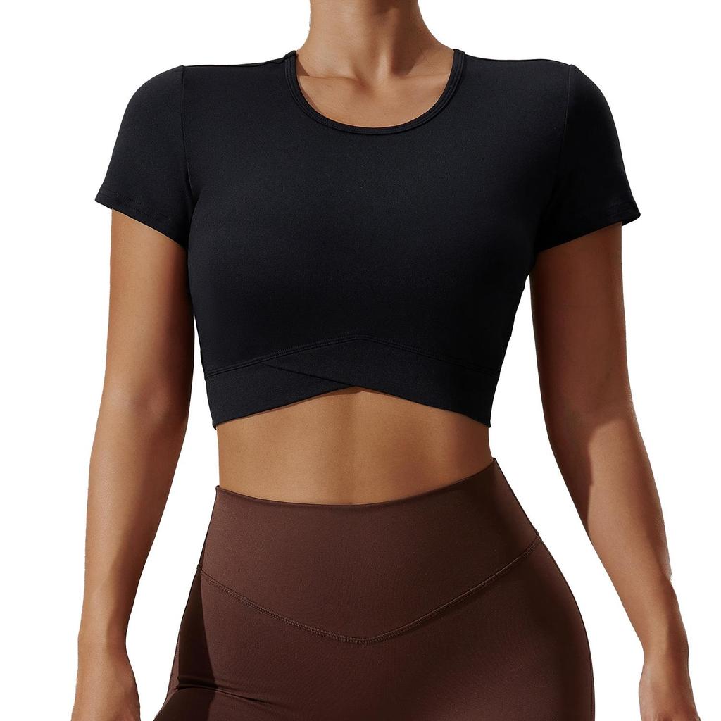 Женский летний укороченный топ для йоги — сексуальный, высокоэластичный, дышащий, с круглым вырезом и коротким рукавом, футболка для фитнеса