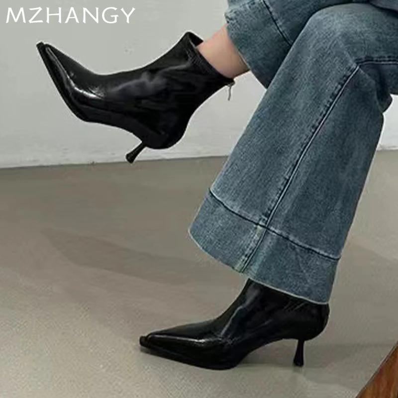 Женские кожаные ботильоны с острым носком, элегантные туфли на среднем каблуке, женская мода 2025 года, зимние туфли-лодочки, ботинки челси, женские ботинки