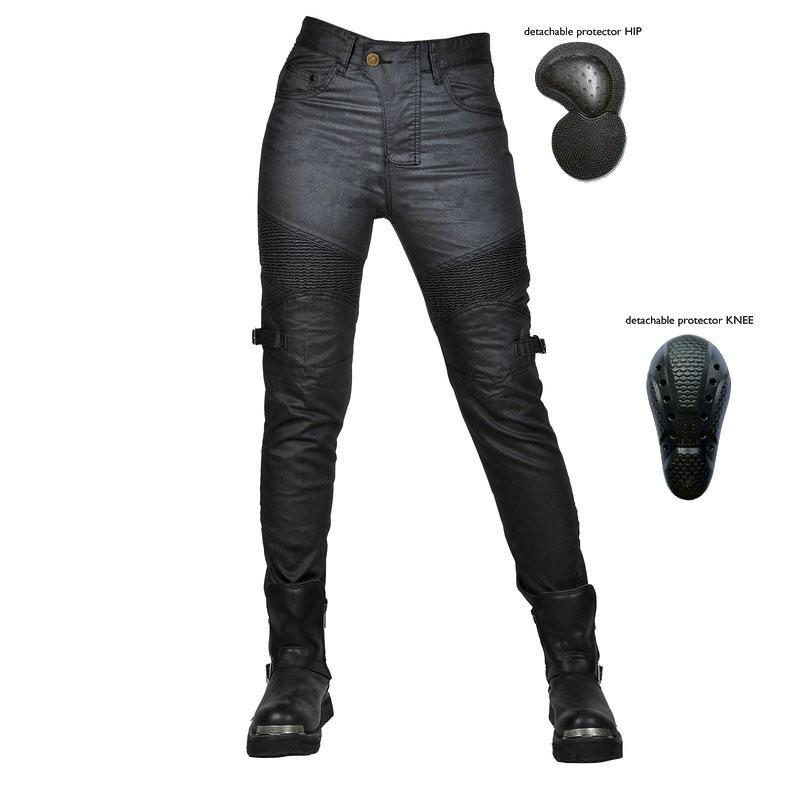 Womens Retro Motorcycle Riding Pants With Protective Padding - Windproof Coated Denim Style Biker Trousers Cycling