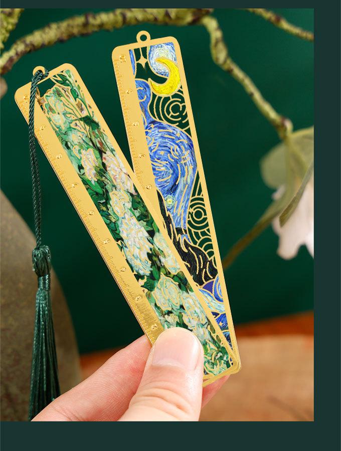 6PCS/SET Retro Oil Painting Metal Hollow Flower Bookmark - Students Literary Brass Ruler Bookmark School Holiday Gift