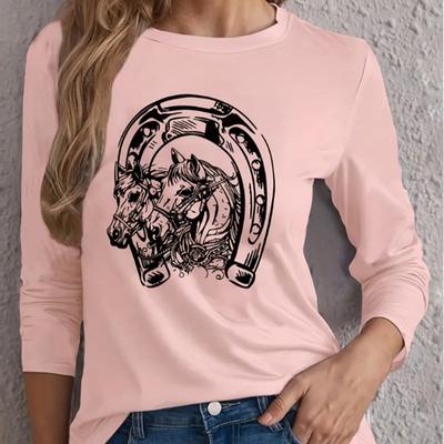 Топы для женщин с принтом животных и лошадей, круглый вырез, длинный рукав, футболка, осенний повседневный тонкий пуловер, женский топ с длинным рукавом