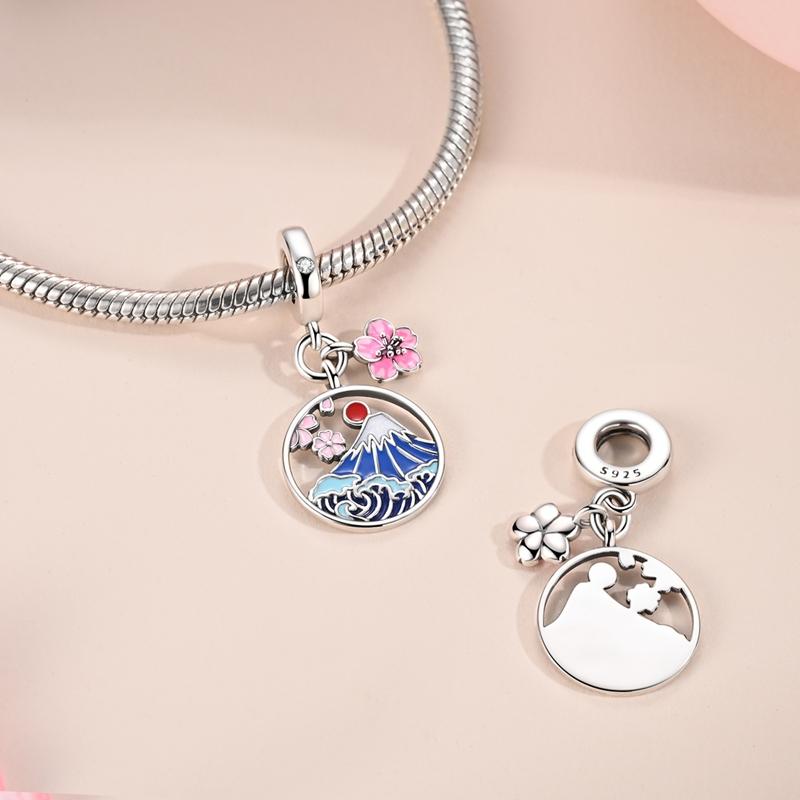 925 Silver Charm Beads Kimono Mount Fuji Paper Cranes Pendant For Women DIY Bracelet Gift Handmade Jewelry