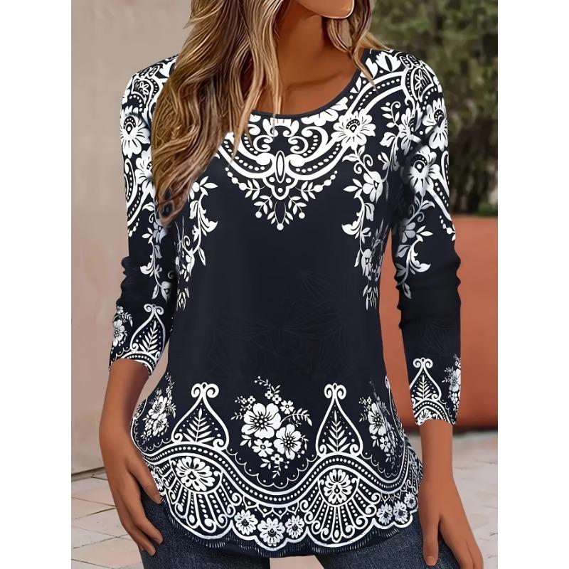 Women's Spring, Autumn, and Winter Fashion Floral Print Long Sleeve Round Neck Loose Fit Casual T-Shirt Top