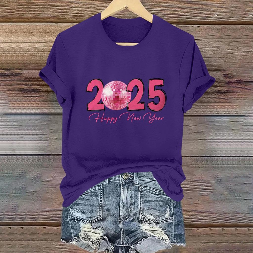 Women's Long Sleeve Round Neck T-Shirts 2025 New Year Print Puff Sleeve Shirts Button Blouses Tops