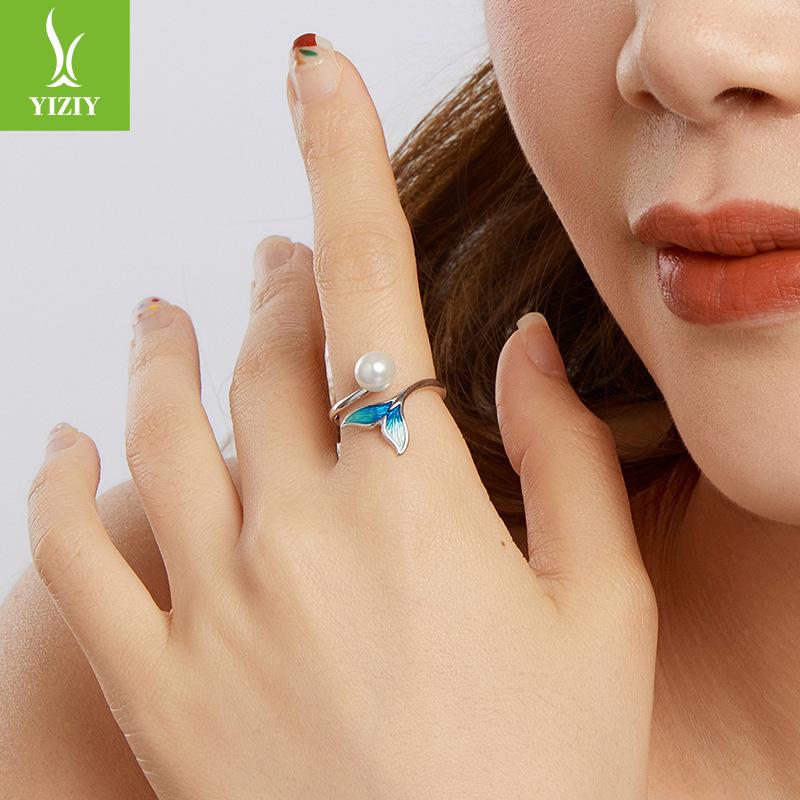 S925 Sterling Silver Bead Mermaid Open Ring, Elegant Dream Man Fishtail Ring Jewelry