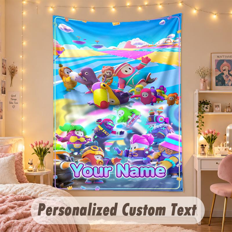Custom Personalized Tapestry,Fall Guys Print Custom Name Text Wall Art Hanging for Bedroom