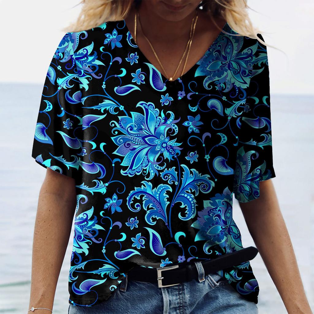 Women XL-7XL Plus Size T Shirt V Neck Short Sleeve Tops 3D Floral Print T Shirts Summer Lovers Couples T Shirt