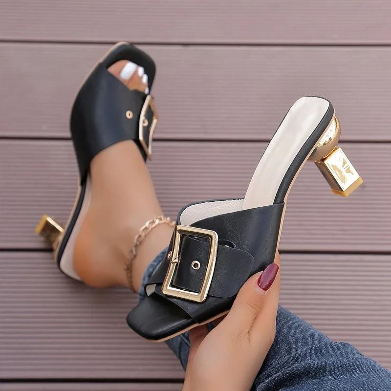 Модная обувь для женщин 2024 года, модные женские туфли с открытой пяткой, летние туфли с открытым носком и пряжкой, однотонные туфли на блочном каблуке, большие размеры