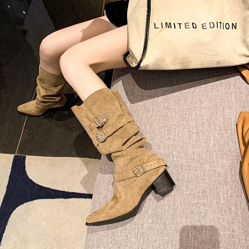 Мода Западный Ковбойские Сапоги-трубы Винтаж Заостренный Носок Блочный Каблук Металлическая Пряжка Ремня Узкое Голенище Толстый Каблук Обувь Матовые Высокие Сапоги 2025