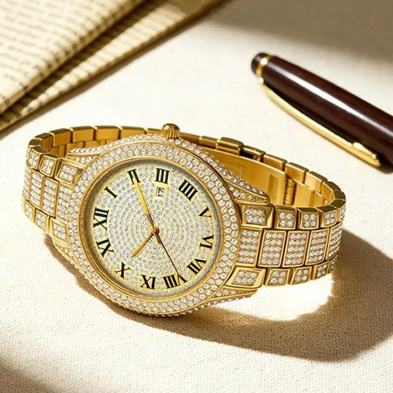 Men Iced Out Full Diamond Quartz Watch Luxury Roman Numeral Dial Zinc Alloy Band Date Display Hip Hop Bling Wristwatch