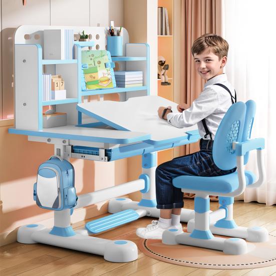 Study Desk And Chair Kid's Set, Height Adjustable Children's Set with Bookshelf Storage Drawer, 50-Degree Tiltable Desktop Table for Bedroom Room Kids