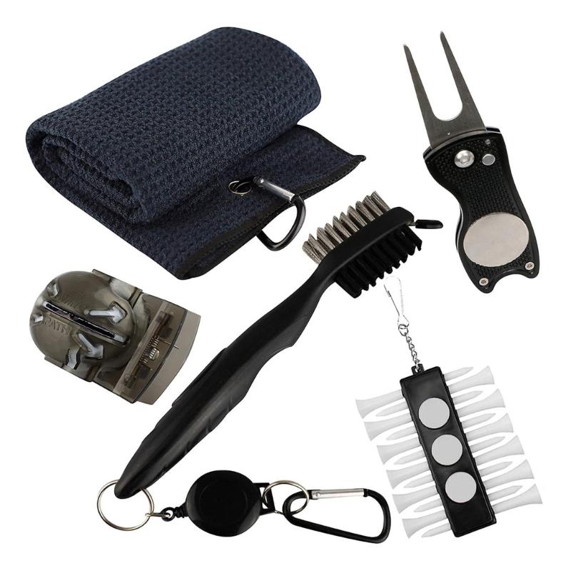 Multi-in-1 Golf Club Cleaning Set Microfiber Towel Brush Divot Tool Line Marker and Pitch Repair Tool for Men Women