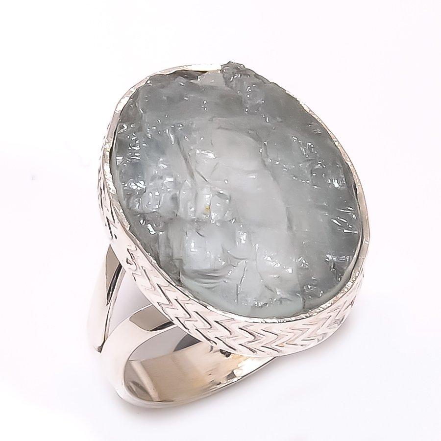 Натуральный аквамарин необработанный драгоценный камень 925 стерлингового серебра ювелирное изделие кольцо размер 9.5 t4g77