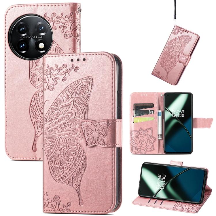Для OnePlus 11 Butterfly Love Flower Embossed Flip Leather Phone Case