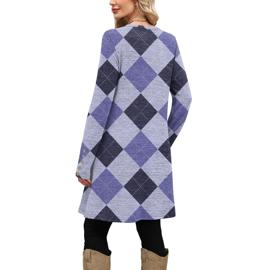 Женское модное повседневное платье с карманами, декоративными пуговицами, круглым вырезом и длинными рукавами