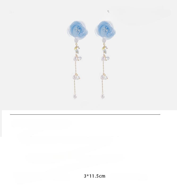 Синий Colth цветок кисточка серьги с имитацией жемчуга катушка от комаров зажим для ушей без пирсинга для женщин