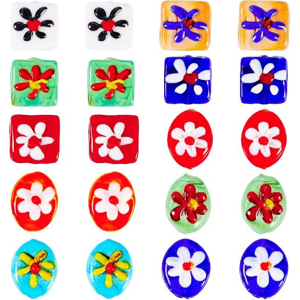 20 шт. Овальные квадратные бусины лэмпворк ручной работы с цветочным узором, разноцветные стеклянные бусины лэмпворк миллефиори, милые цветочные плоские овальные кубические бусины-разделители для DIY