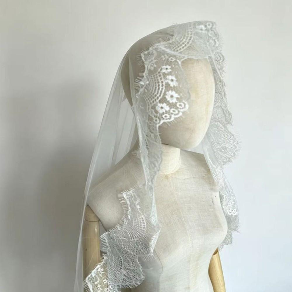 2M Long Bridal Headscarf Lace Edge Muslin Head Covering Elegant Wedding Veil  Cathedral Wedding