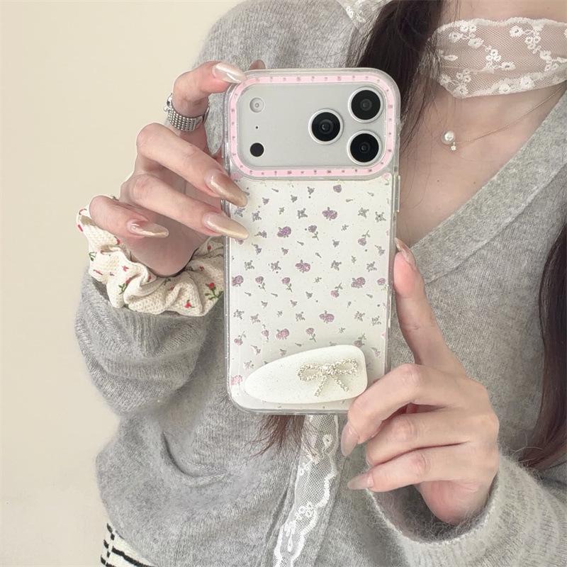 Розовый чехол для телефона с цветочным принтом, пайетками и бантом для iPhone 17 Pro Max/16/15/14