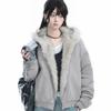 Y2K Faux Fur Collar Hooded Cotton-Padded Jacket Womens Retro Streetwear Loose Coat Female Plus Velvet Warm Casual Plush Outwear