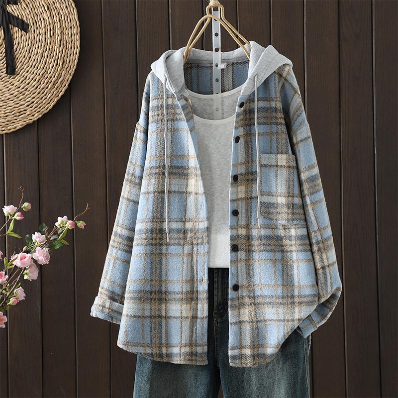 DIMANAF 2025 Новые осенне-зимние женские пальто и куртки больших размеров с капюшоном, хлопковые, теплые, с длинным рукавом, свободные, повседневные, верхняя одежда, винтажная женская клетка