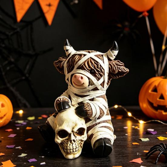 Unique Holiday Gift for Cow Lovers Halloween Resin Highland Figurine, Mummy Holding Skull Cute Tabletop Decorative Statue Ornament, Creative