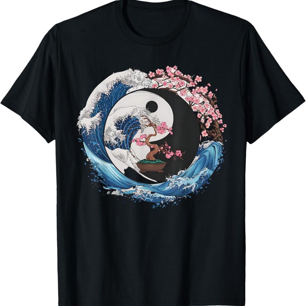 Yin Yang Cherry Blossom Bonsai & Great Wave T-Shirt(2)