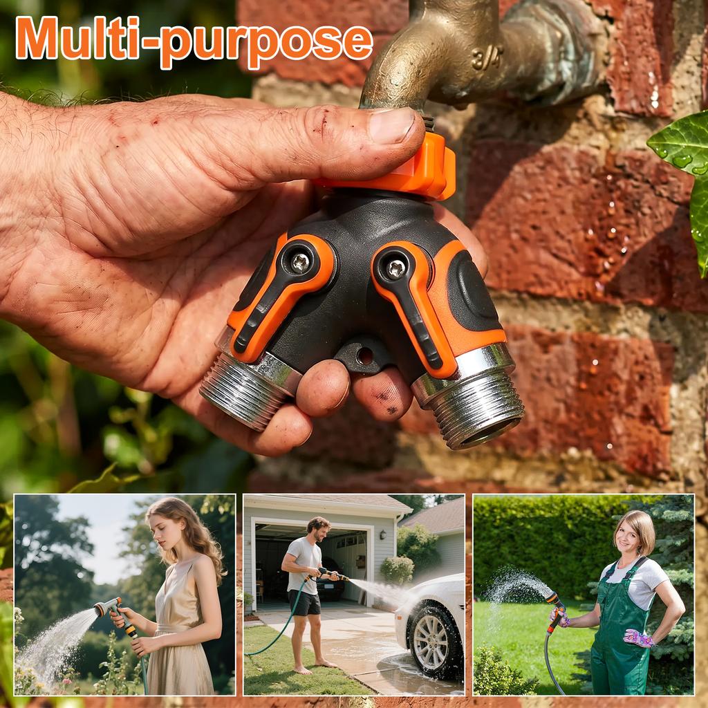 2 Way Hose Splitter Heavy Duty Metal Y Garden Hose Splitter with Shutoff Valves Outdoor Faucet Adapter 3/4 Inch GHT Water Hose C