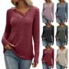 Women's Fashionable Solid Color V Neck Button Long Sleeved Loose T-shirt Top