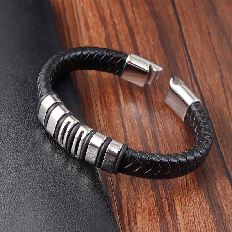 Men's Titanium Steel Braided Leather Bracelet Handmade Minimalist Cuff Fashion Accessory for Men