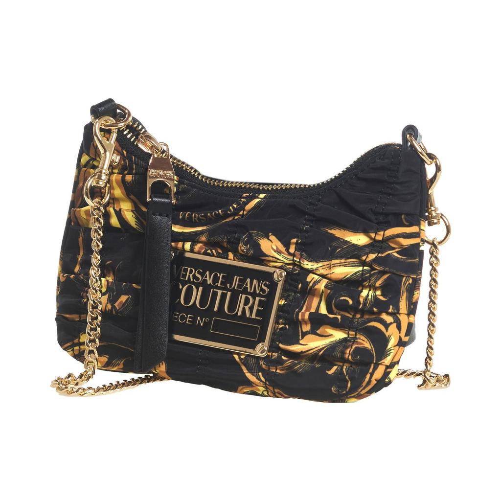 Versace Jeans Couture Fashion Pleated Gold Logo Chain Strap Nylon Half Moon Crossbody Shoulder Bag Women bags Black 72VA4BX8-ZS226-G89