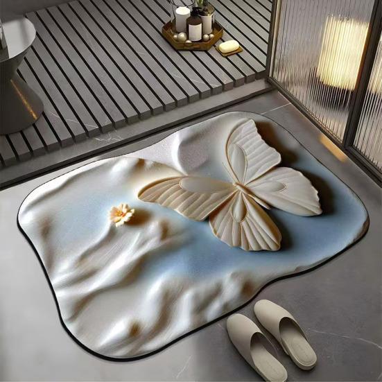 Коврик для пола Быстросохнущий Высокая водопоглощаемость 3D Реалистичные бабочки Цветочный узор Противоскользящий коврик для ванной Прихожая Кухонный ковер