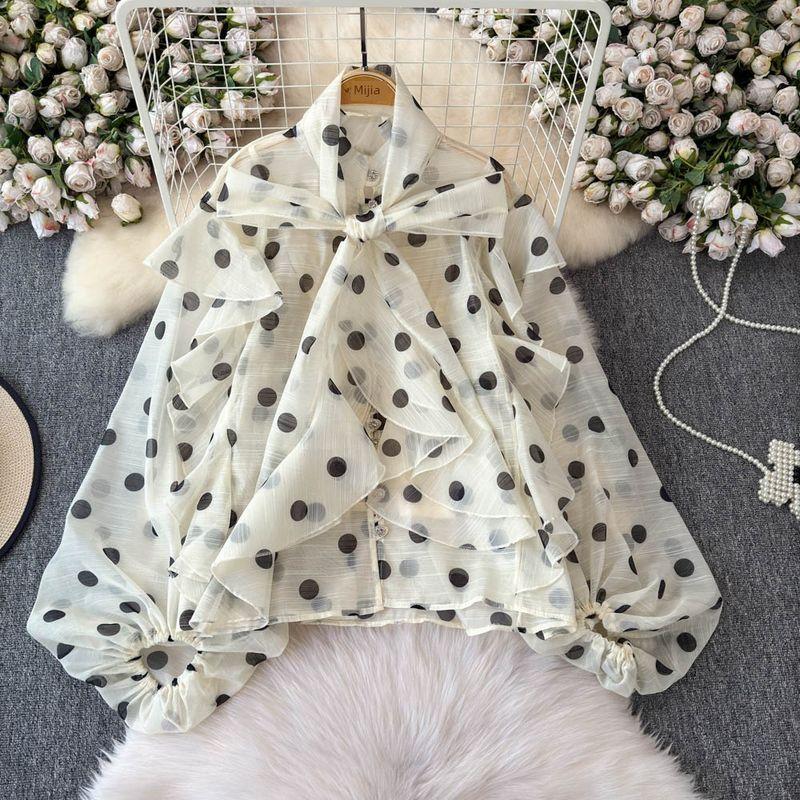 Stylish Ruffles Chiffon Shirt Women's Summer New Lantern Sleeve Shoelace Slim Looking Tie-Dye Inner Suspender Tops