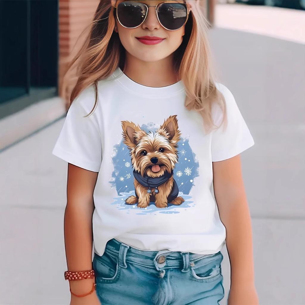 Футболка с круглым вырезом и коротким рукавом с принтом милого щенка для девочек, детская повседневная футболка