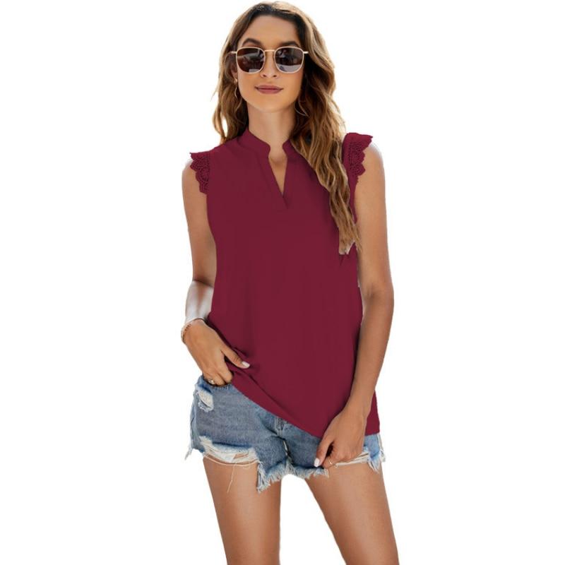 2023 Летние рубашки с V-образным вырезом без рукавов, модные однотонные повседневные майки, свободные жилеты, базовые топы, пуловеры, блузы, элегантные 25910